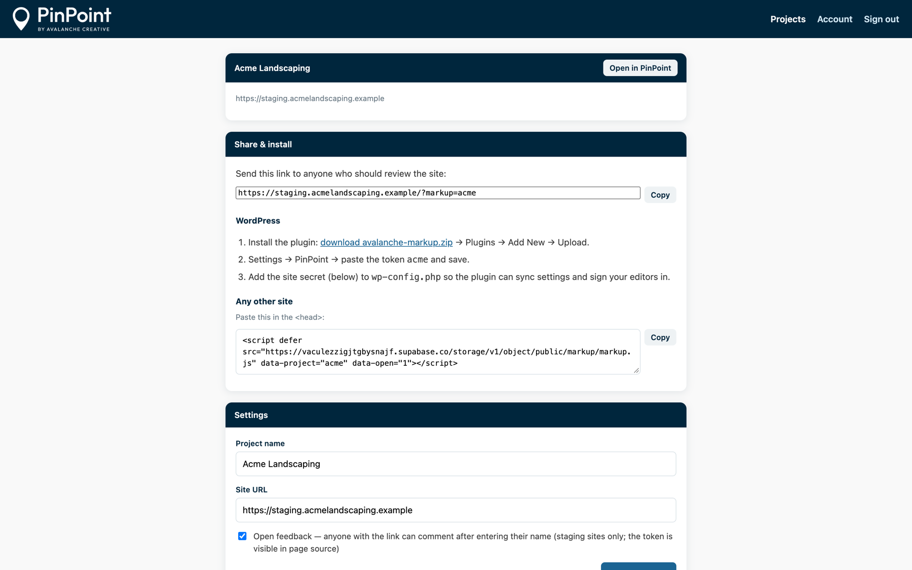 The project page in the dashboard showing the share link, WordPress install steps and the one-line embed snippet.