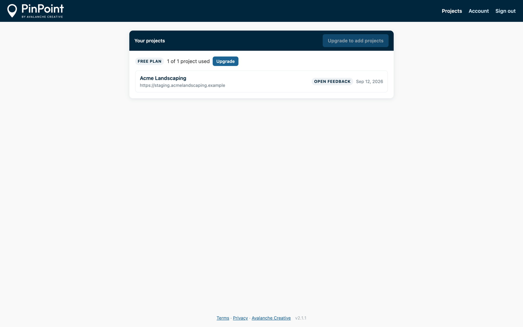 The dashboard's projects list with a plan badge and a project card.