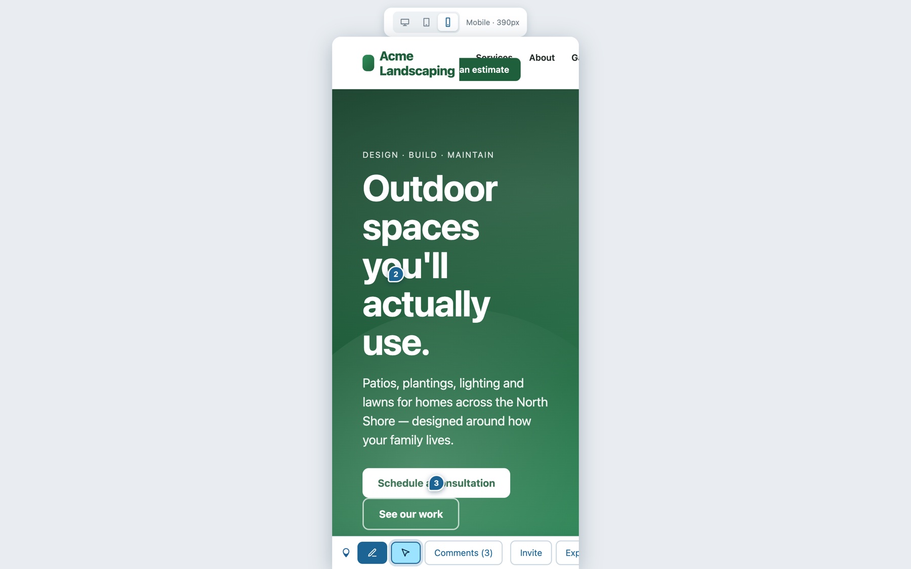 The same page previewed in a 390-pixel mobile frame with its comment pins, switched from the toolbar.