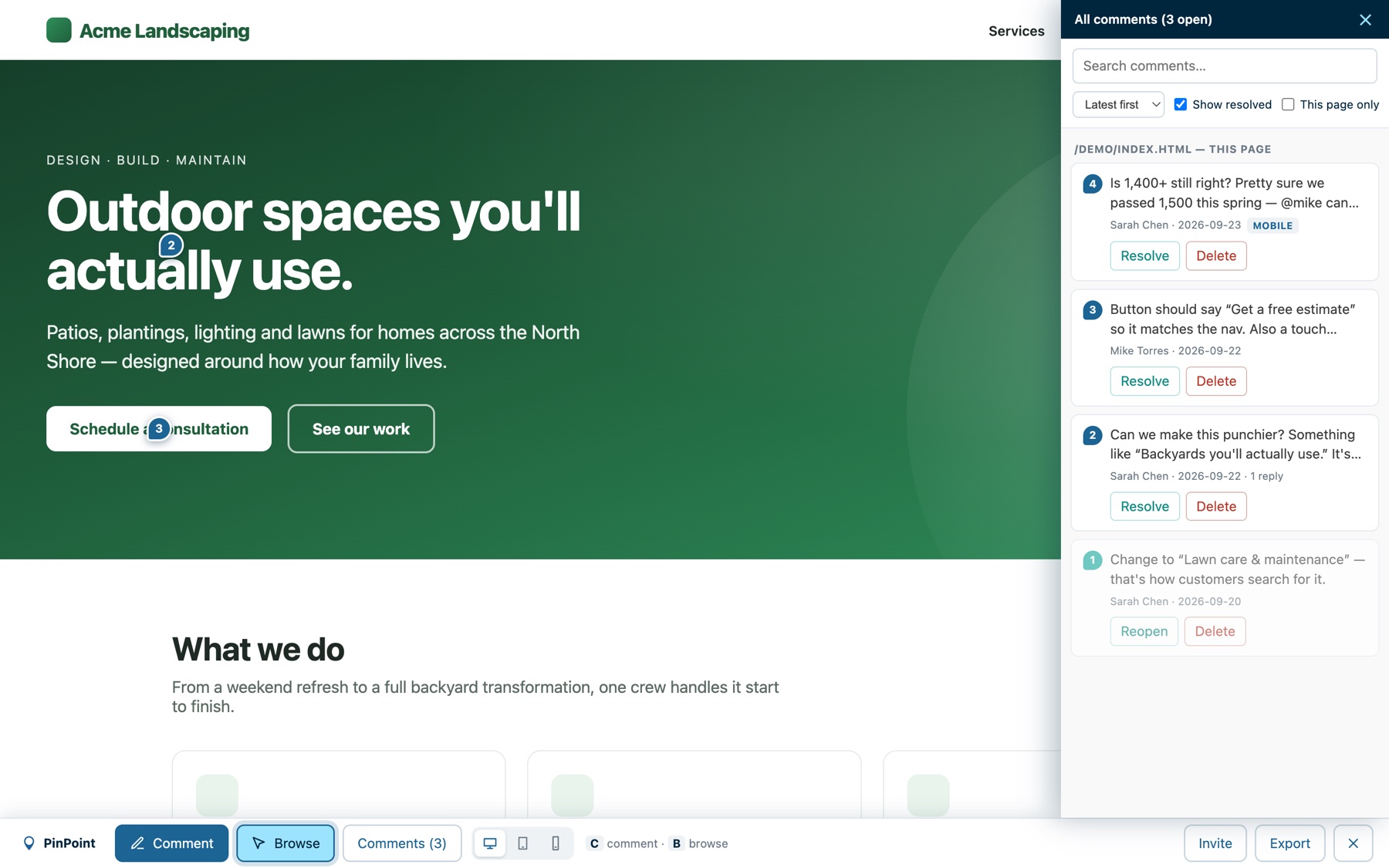 The comments sidebar listing feedback across the site with filters for this page, latest first and resolved items.
